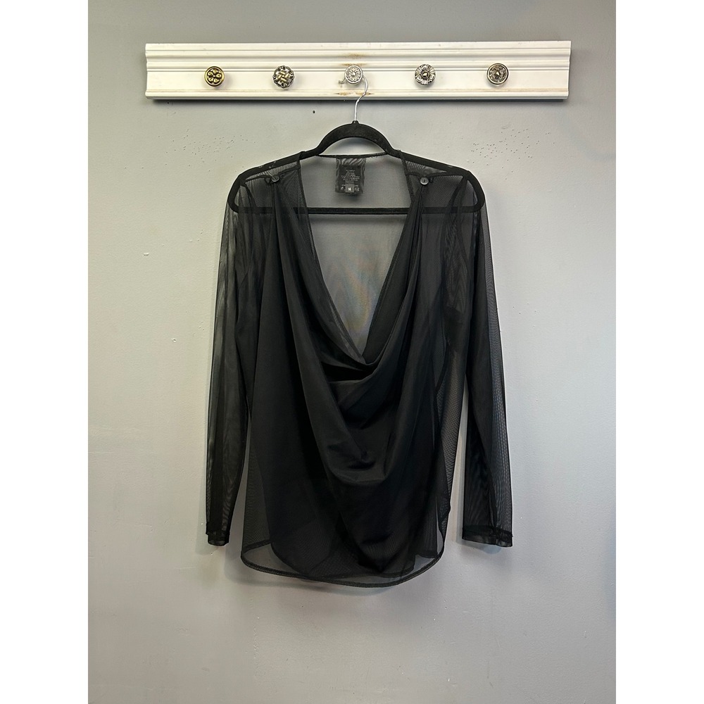 Sympli Top Women 14 Black Mesh Draped Cowl Neck Long Sleeve Sheer Made in Canada